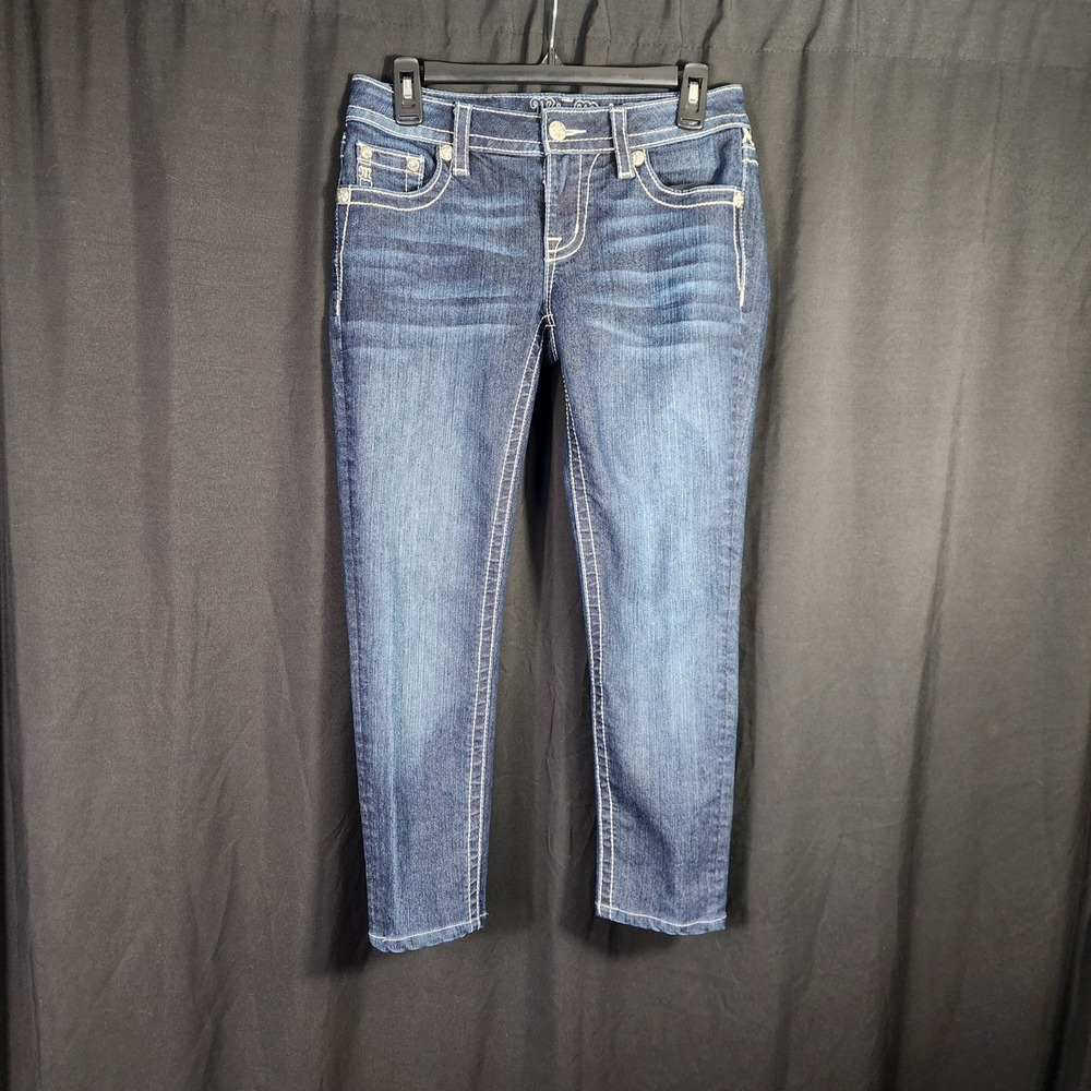 Y2K Miss Me Low Rise Skinny Jean Dark Wash Leopard Print Sequin Women 27 Western
